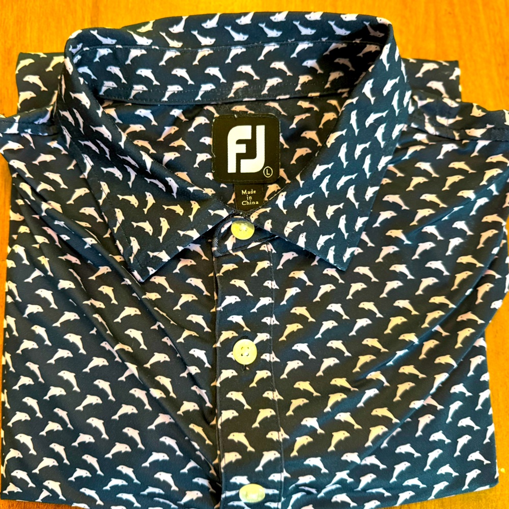 Men's Footjoy Navy Dolphin Print Shirt - Burnt Pine logo